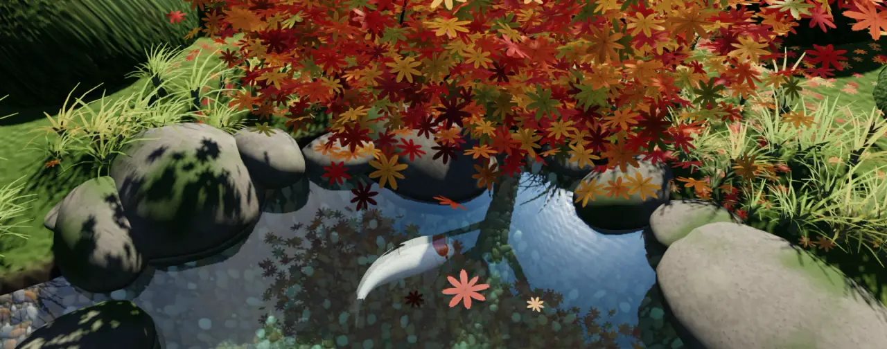 A Japanese maple in autumn red, reflected in the pond, with fallen leaves floating and a koi beneath.