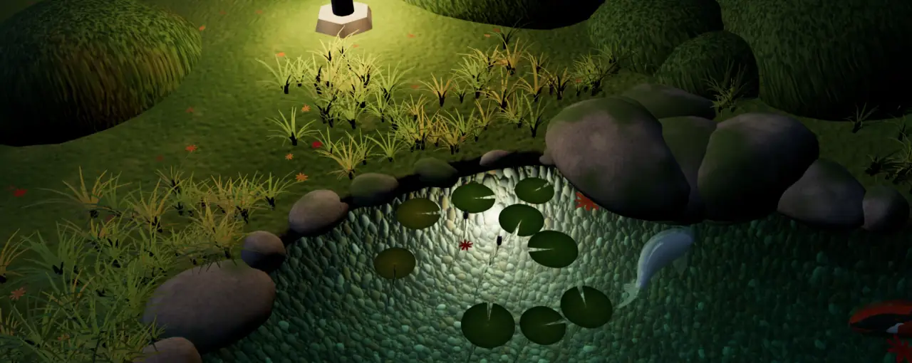 The pond at night: lily pads lit from below by an underwater lamp, a koi drifting past.