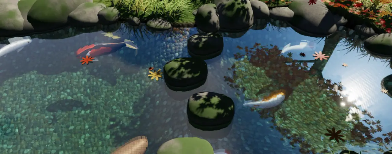Flat stepping stones crossing the pond, with koi swimming between them.